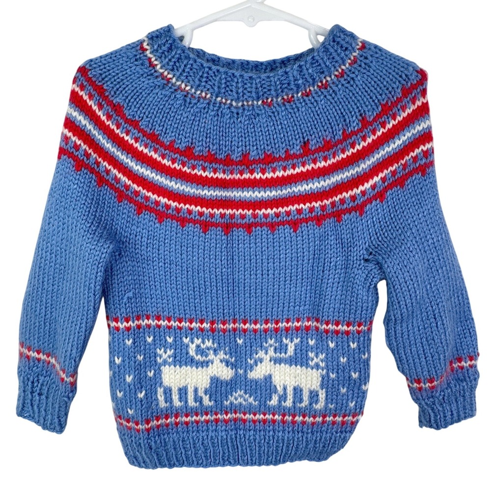 VTG Kids Hand Knit Reindeer Fair Isle Blue Sweater Libby Greer *See Measurements
